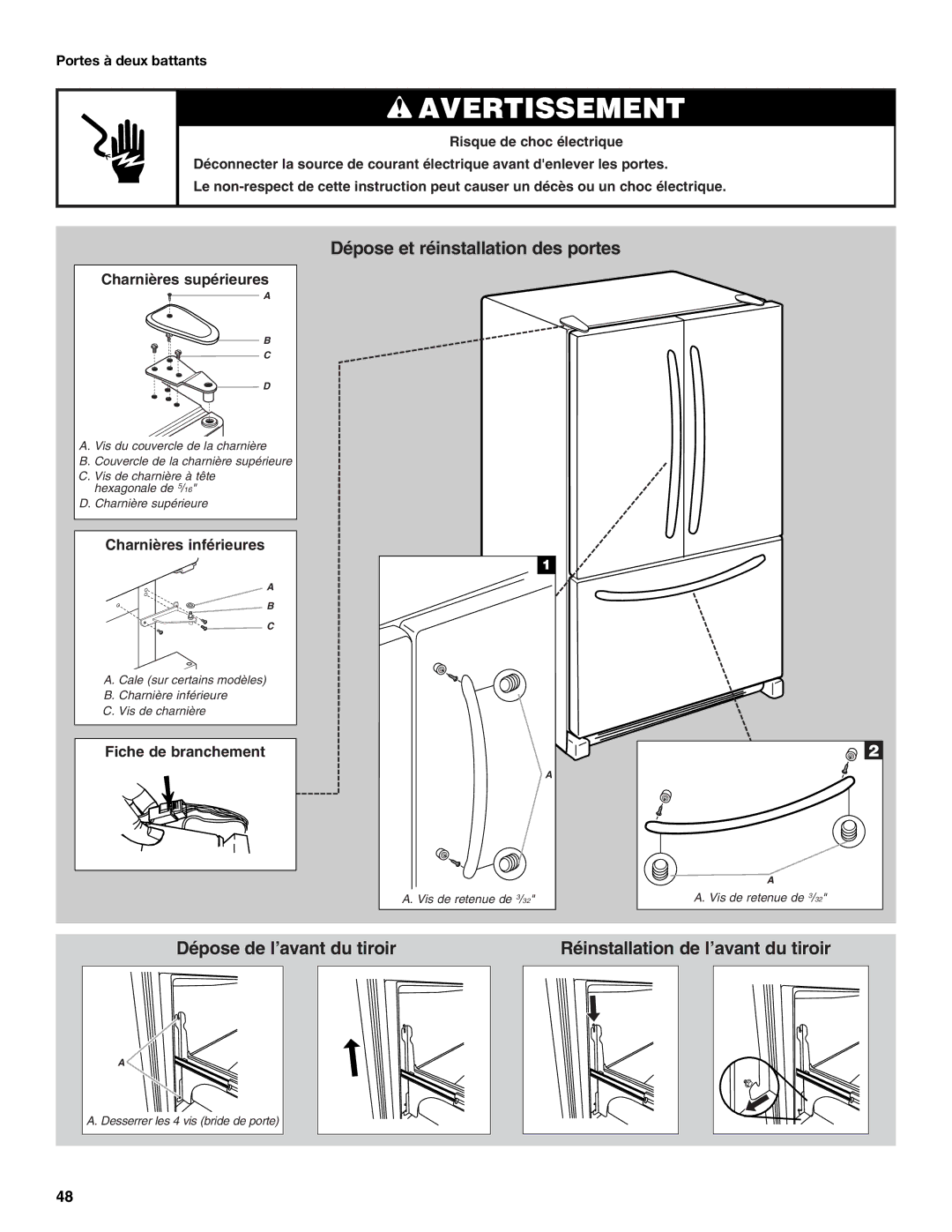 Whirlpool W10175487A installation instructions Dépose et réinstallation des portes, Portes à deux battants 