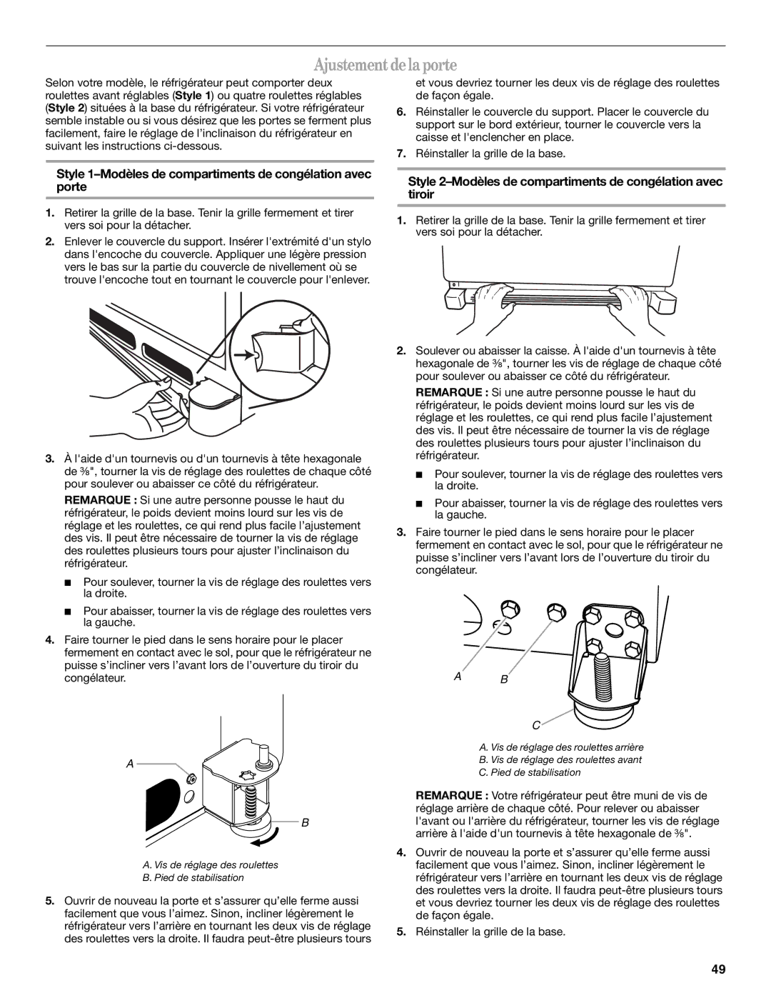 Whirlpool W10175487A Ajustement de la porte, Style 1-Modèles de compartiments de congélation avec porte 