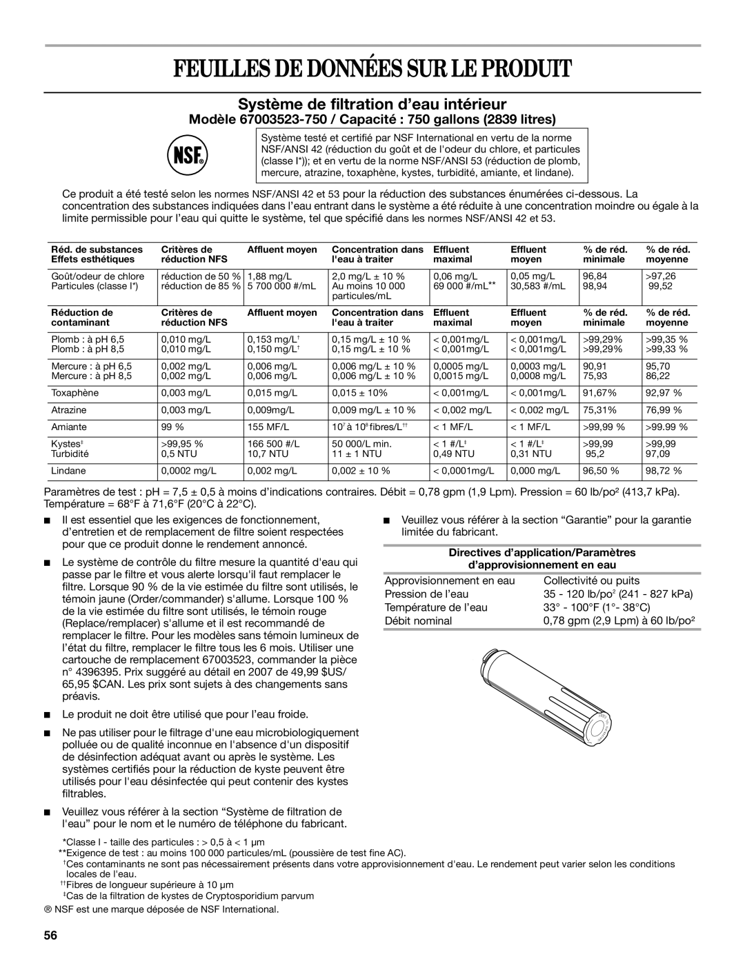 Whirlpool W10175487A installation instructions Feuilles DE Données SUR LE Produit, Système de filtration d’eau intérieur 