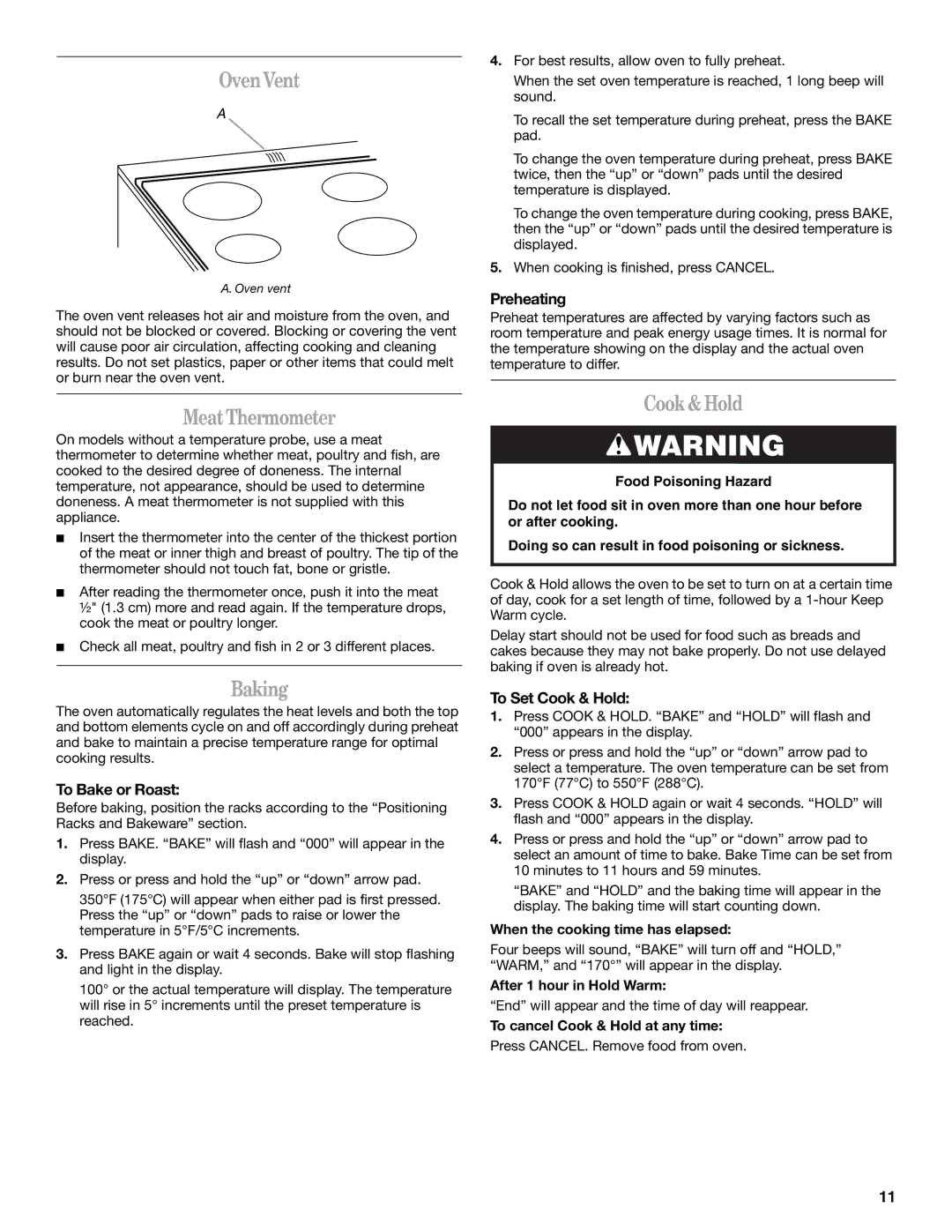 Whirlpool W10175572A manual OvenVent, MeatThermometer, Baking, Cook&Hold 