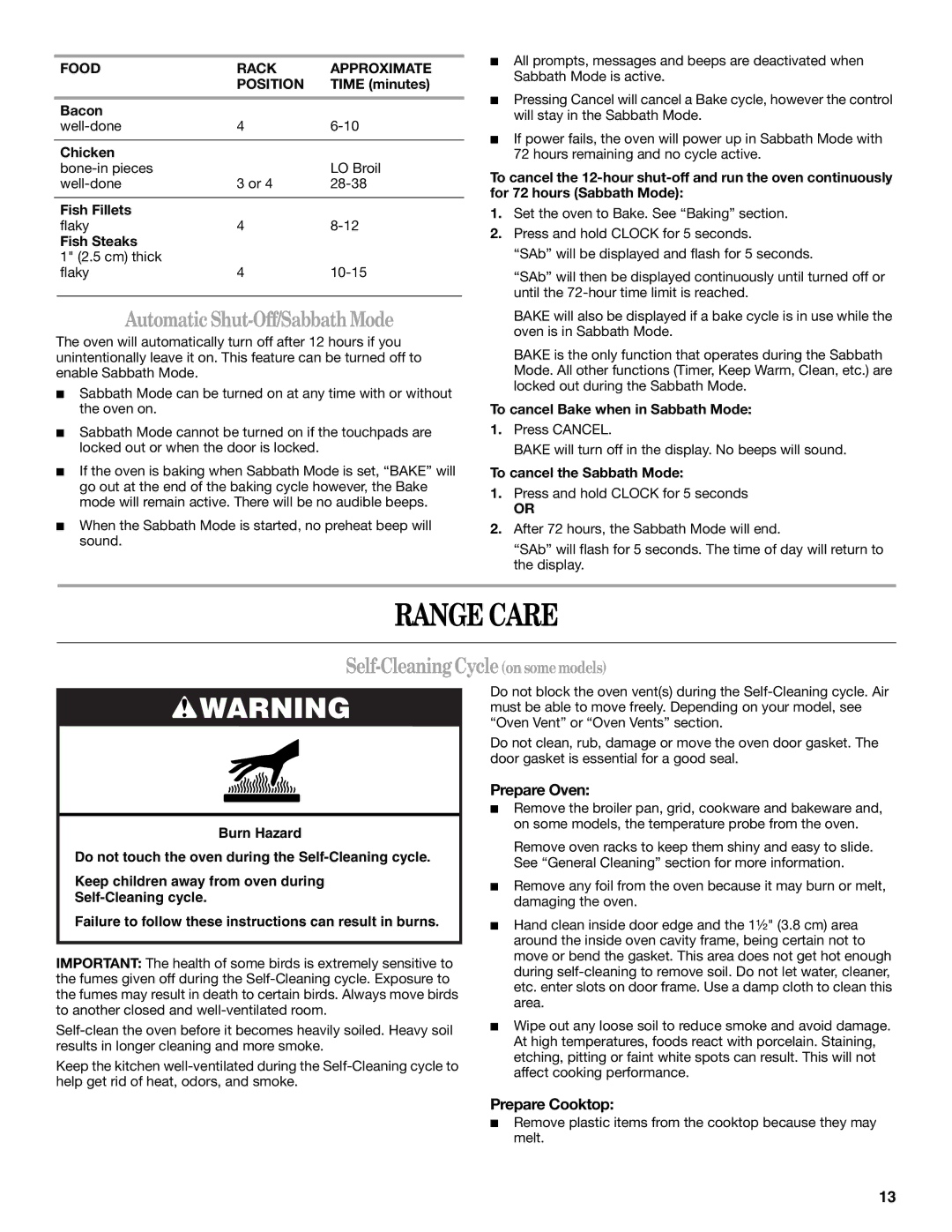 Whirlpool W10175572A manual Range Care, Automatic Shut-Off/SabbathMode, Self-CleaningCycleonsomemodels, Prepare Oven 