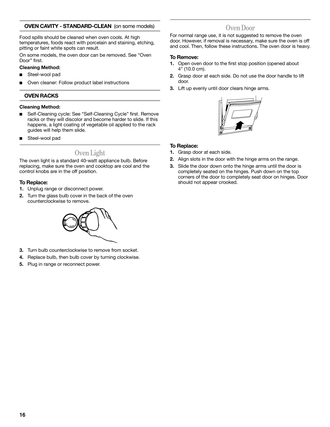 Whirlpool W10175572A manual OvenLight, OvenDoor, Oven Cavity STANDARD-CLEAN on some models, Oven Racks 