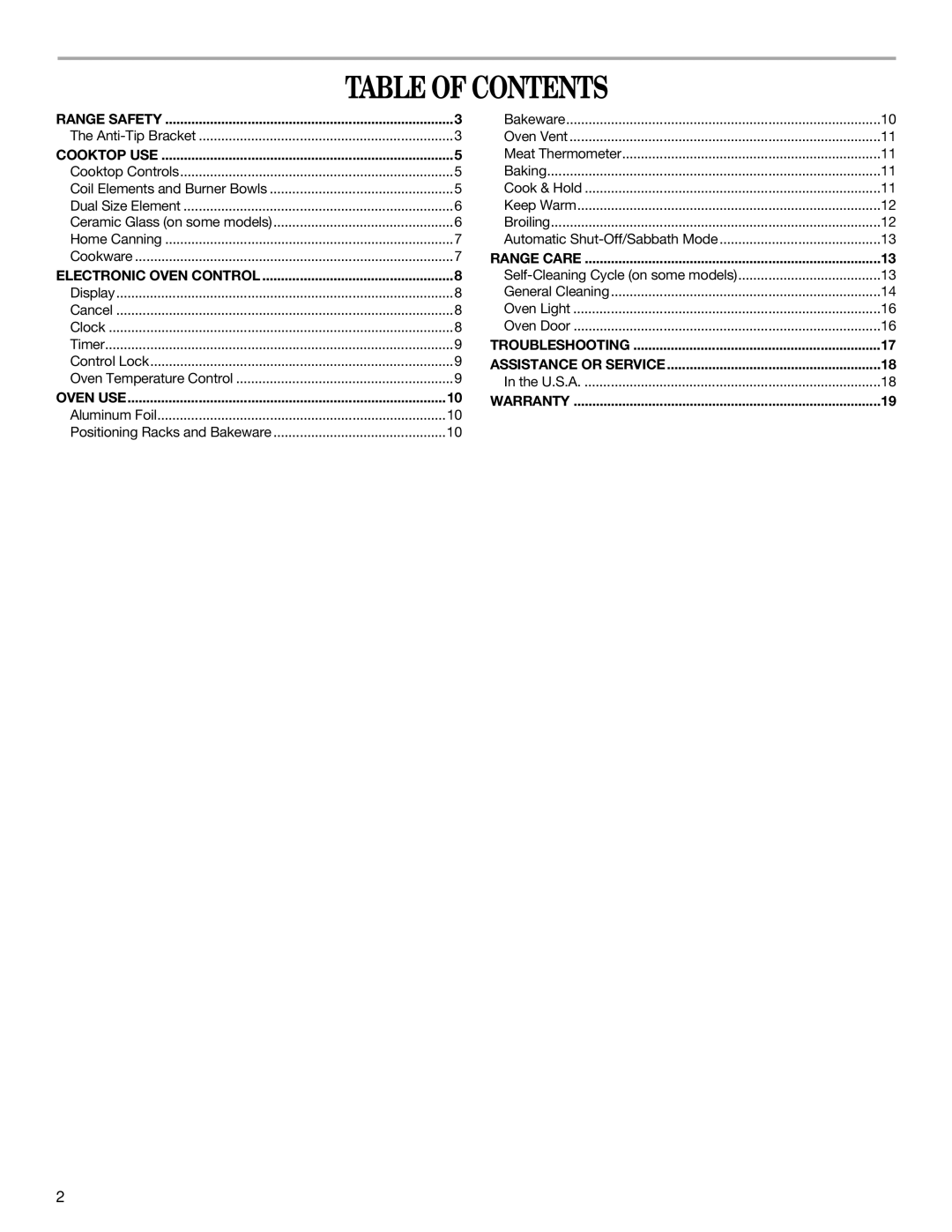 Whirlpool W10175572A manual Table of Contents 