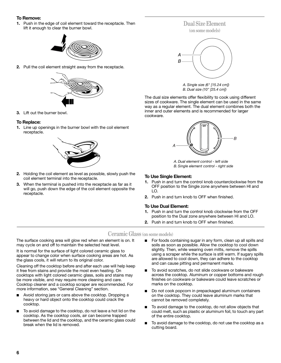 Whirlpool W10175572A manual Dual SizeElement, To Remove, To Replace, To Use Single Element, To Use Dual Element 