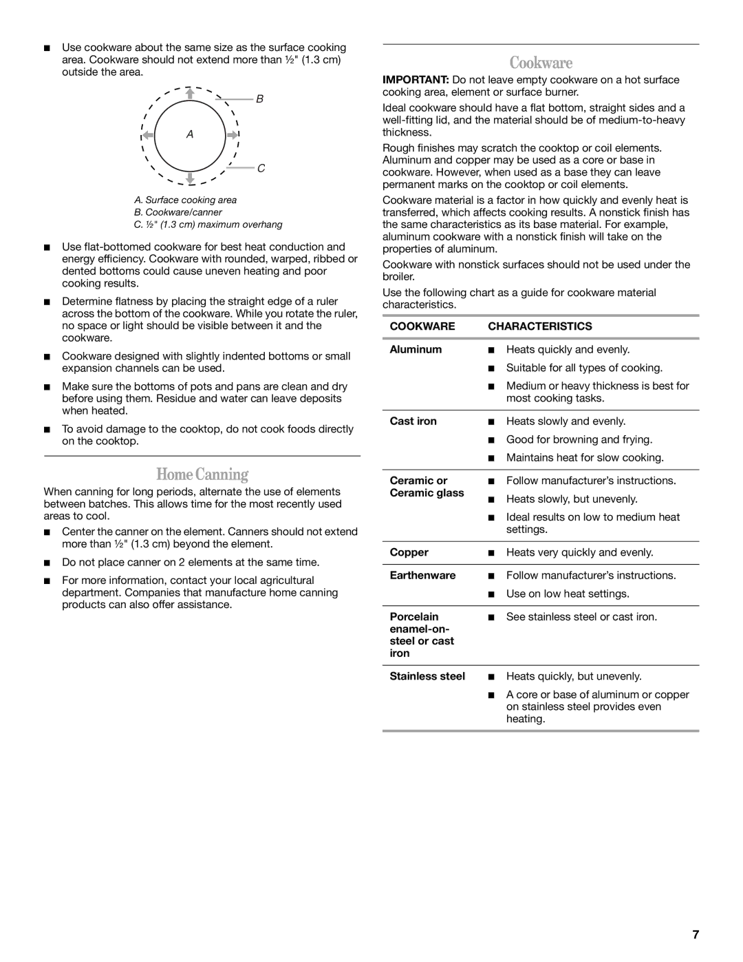 Whirlpool W10175572A manual HomeCanning, Cookware Characteristics 