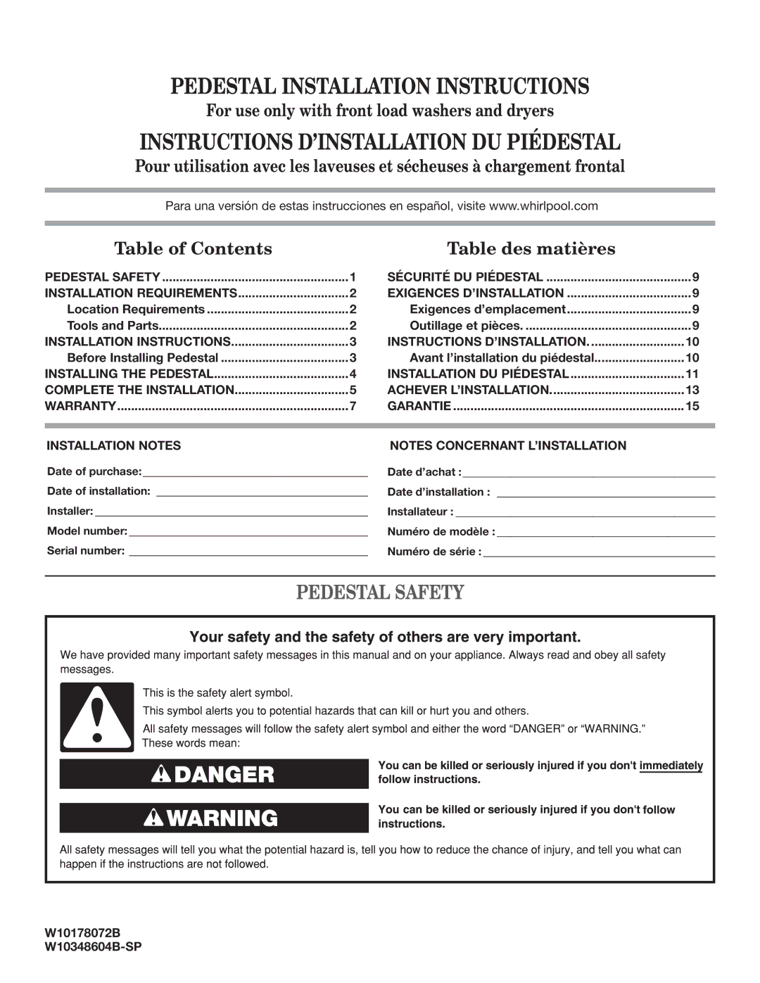 Whirlpool W10178072B installation instructions Pedestal Safety, Installation Notes 