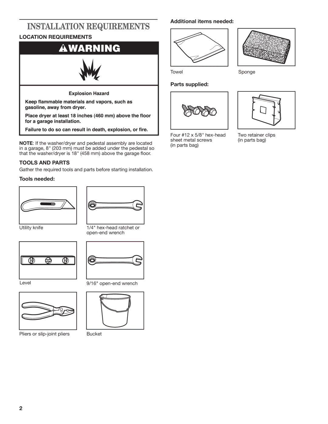 Whirlpool W10178072B installation instructions Installation Requirements, Location Requirements, Tools and Parts 