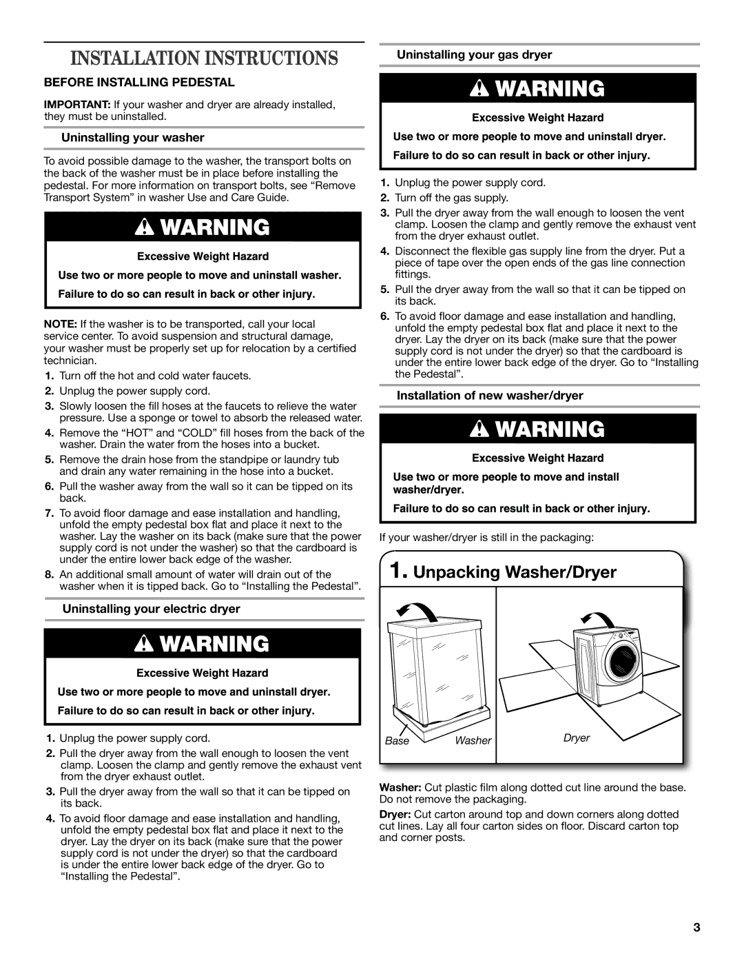 Whirlpool W10178072B installation instructions Installation Instructions, Before Installing Pedestal 