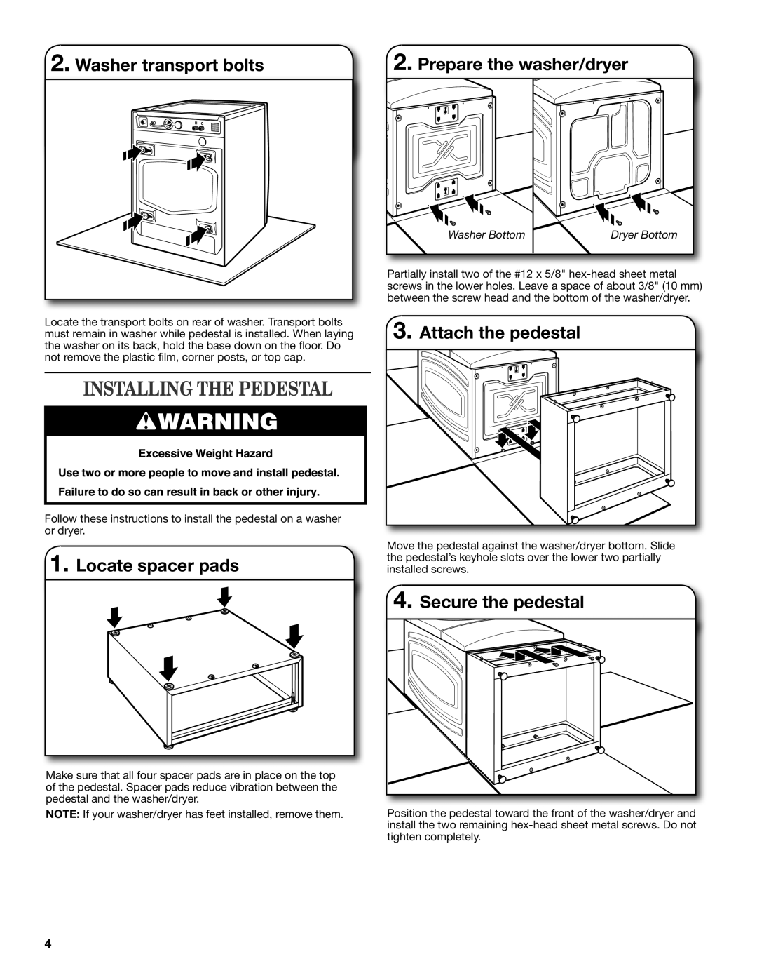 Whirlpool W10178072B installation instructions Installing the Pedestal 