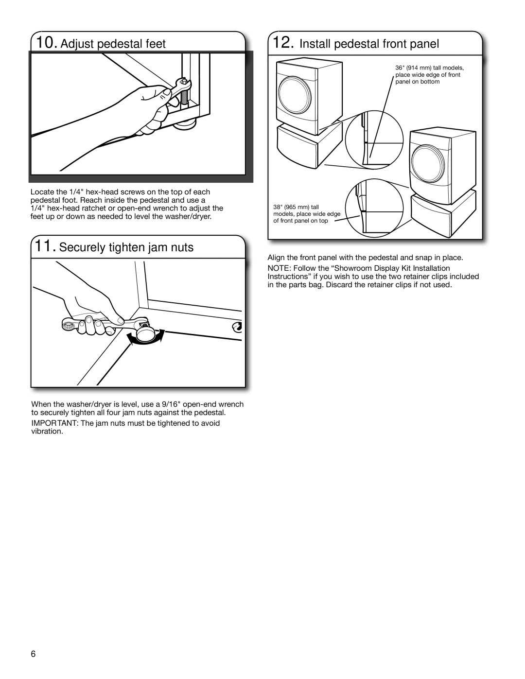 Whirlpool W10178072B Adjust pedestal feet, Securely tighten jam nuts, Install pedestal front panel 