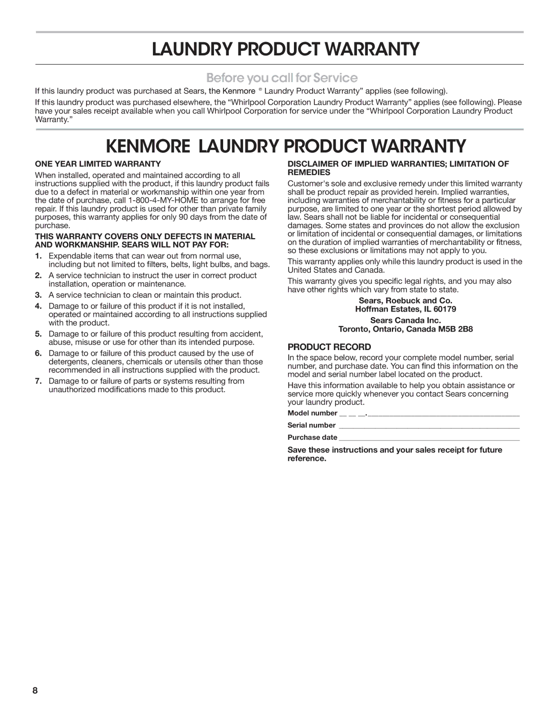 Whirlpool W10178072B installation instructions Laundry Product Warranty, Product Record 