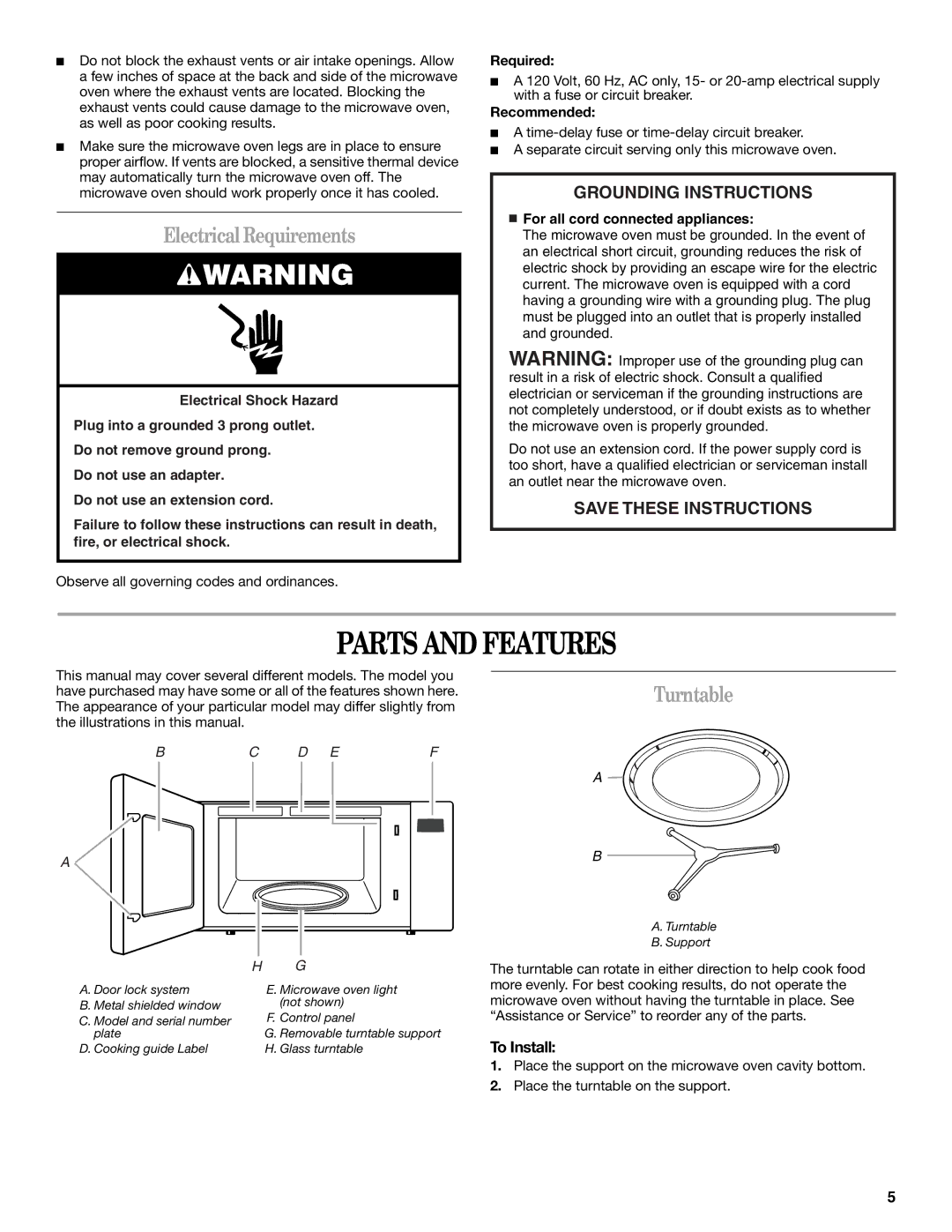 Whirlpool W10178097 manual Parts and Features, ElectricalRequirements, Turntable, To Install 