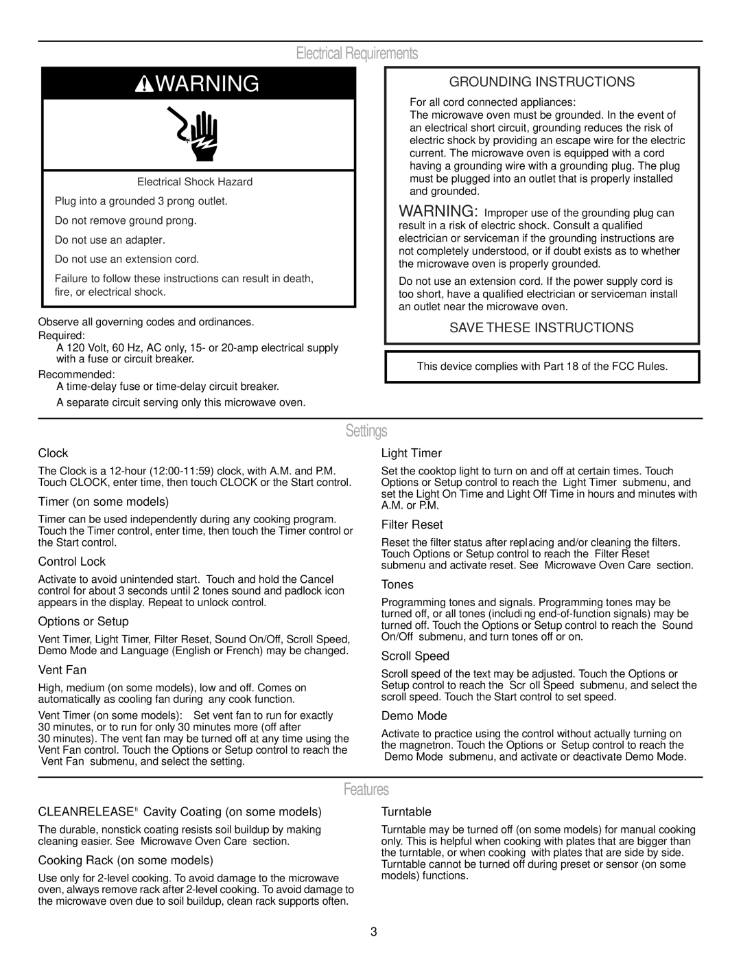 Whirlpool W10182518A manual Electrical Requirements, Settings, Features 