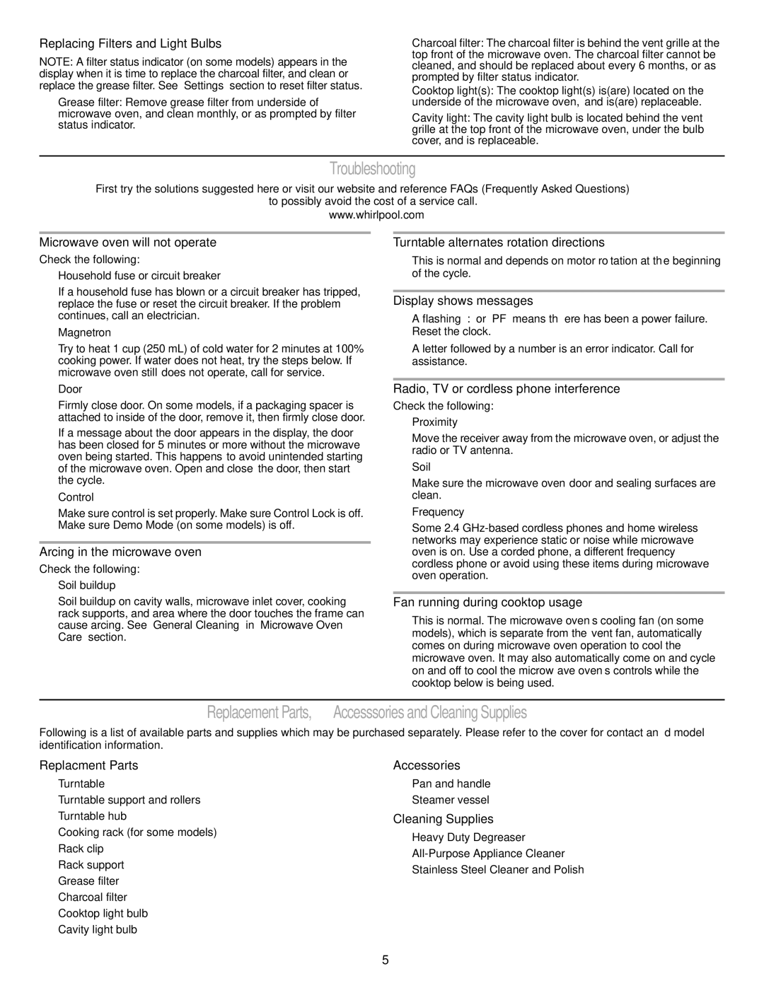 Whirlpool W10182518A manual Troubleshooting, Replacement Parts, Accesssories and Cleaning Supplies 