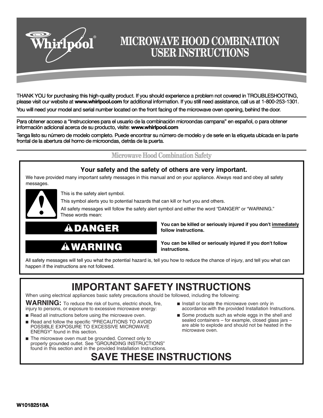 Whirlpool W10182518A Important Safety Instructions, Save These Instructions, Microwave Hood Combination Safety, Danger 