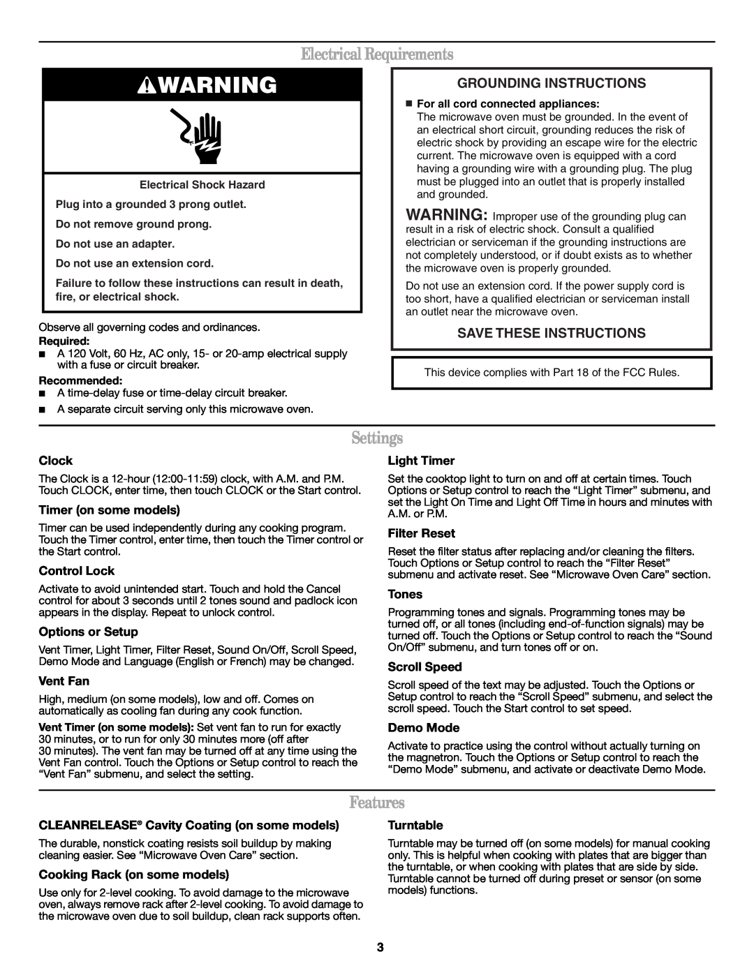 Whirlpool W10182518A manual Electrical Requirements, Settings, Features, Grounding Instructions, Save These Instructions 
