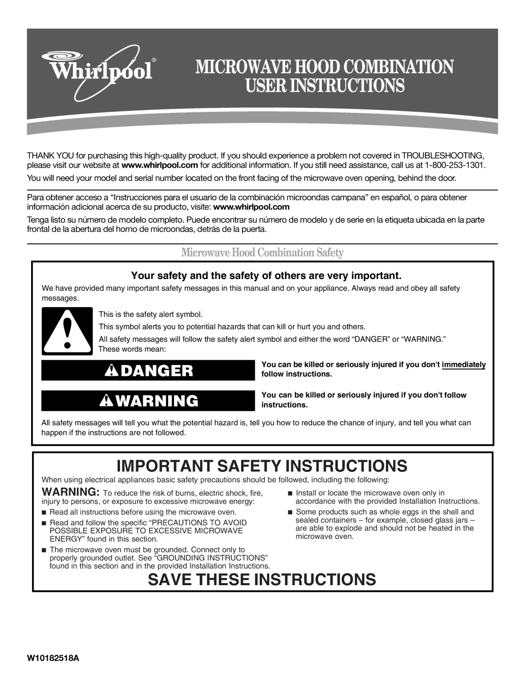 Whirlpool W10182518A, W10182523A, 461966100611 important safety instructions Microwave Hood Combination Safety 