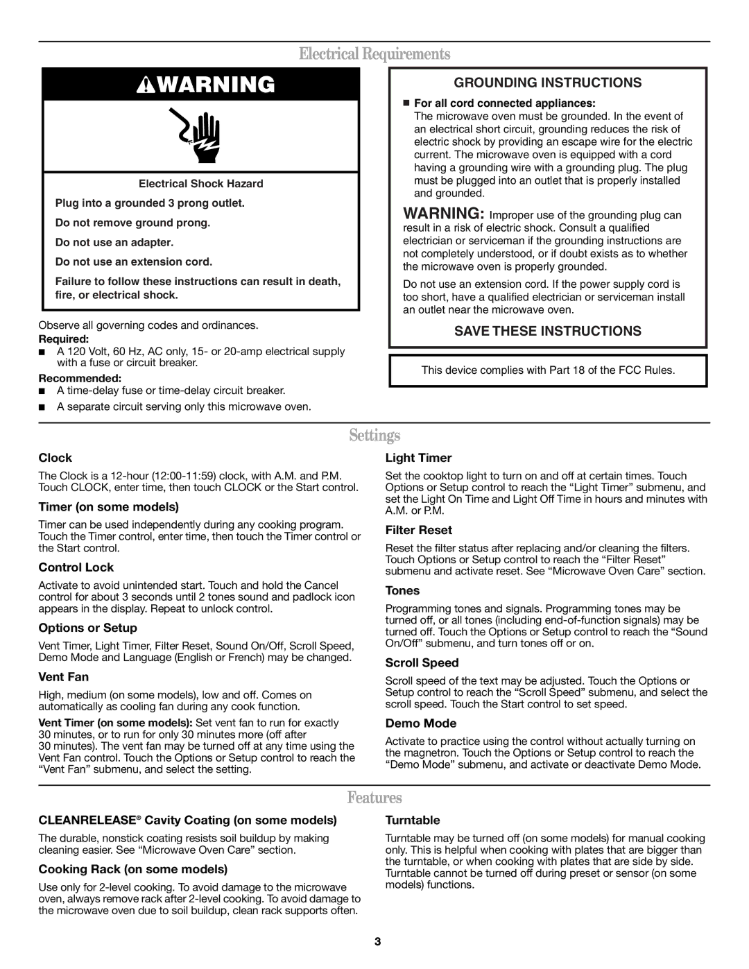 Whirlpool W10182523A, W10182518A, 461966100611 important safety instructions Electrical Requirements, Settings, Features 