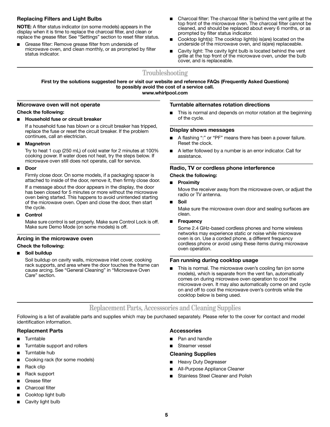 Whirlpool 461966100611, W10182523A, W10182518A Troubleshooting, Replacement Parts, Accesssories and Cleaning Supplies 