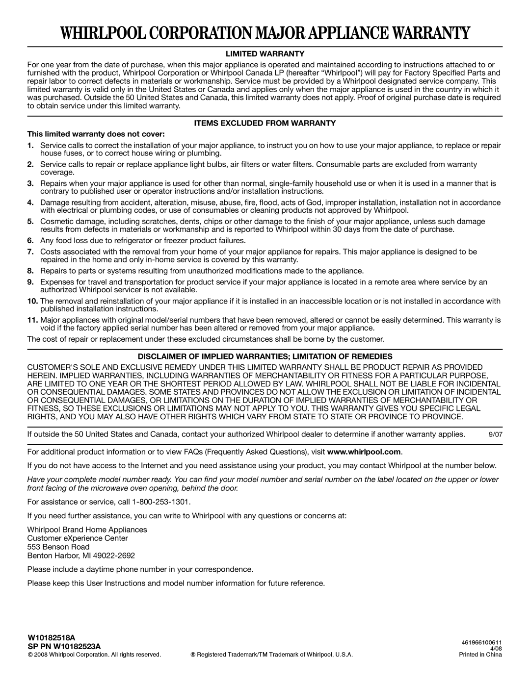 Whirlpool 461966100611 important safety instructions This limited warranty does not cover, W10182518A, SP PN W10182523A 