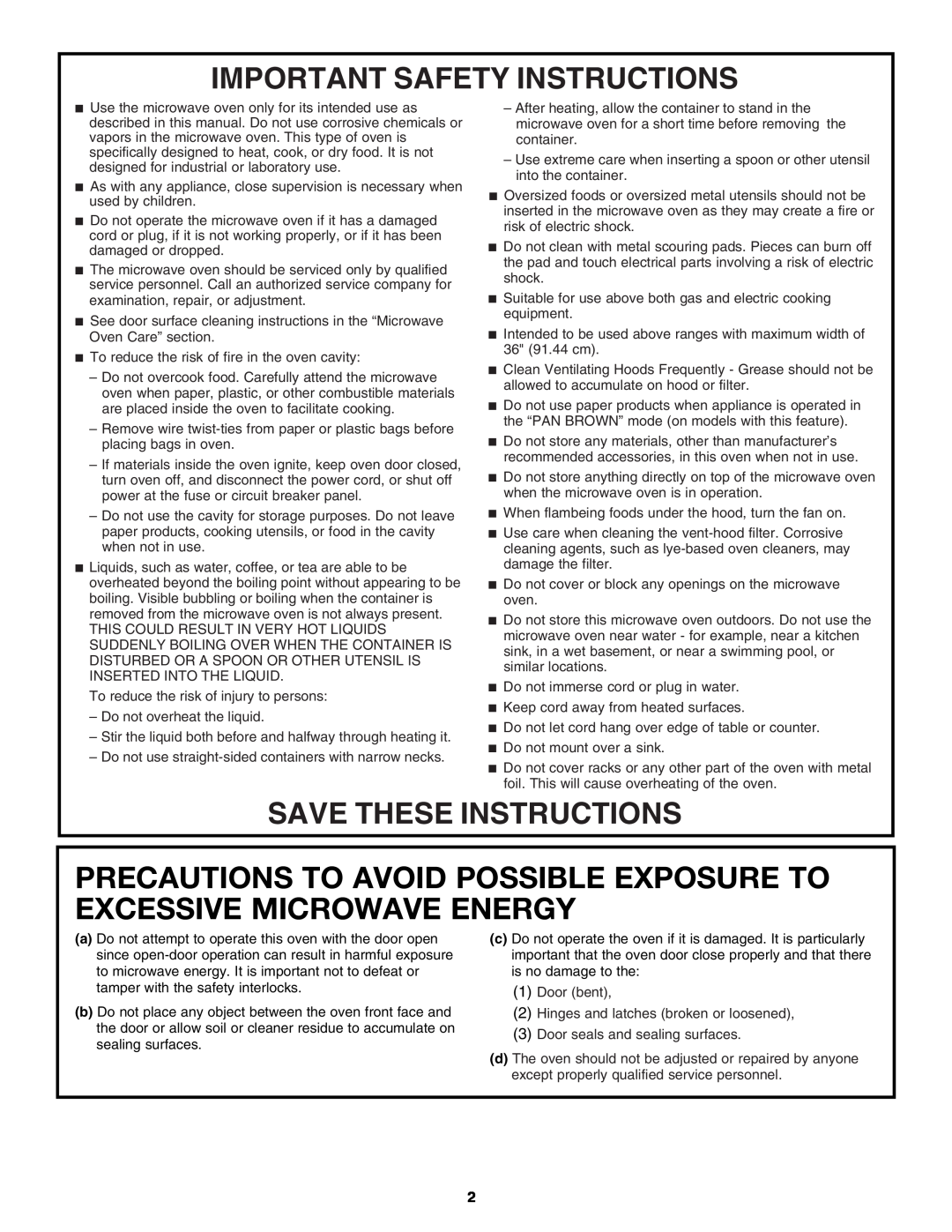 Whirlpool 461966100611 Precautions To Avoid Possible Exposure To Excessive Microwave Energy, Important Safety Instructions 