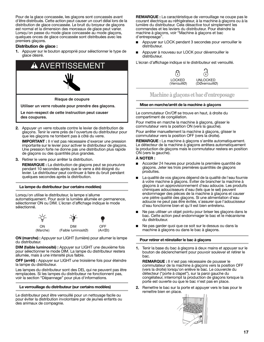 Whirlpool W10189345A, W10189344A warranty Machineà glaçons et bac dentreposage, Distribution de glace 