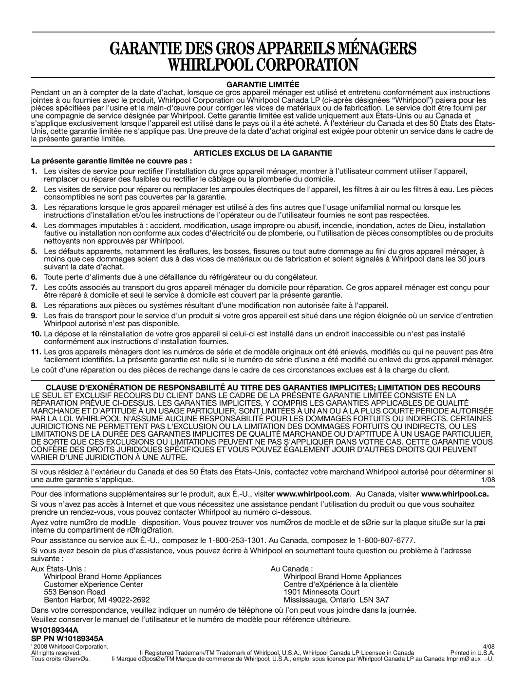 Whirlpool W10189344A, W10189345A warranty Garantie DES Gros Appareils Ménagers Whirlpool Corporation, Garantie Limitée 