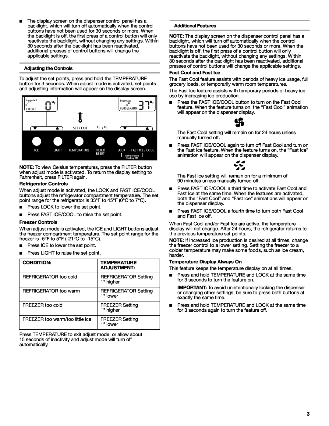 Whirlpool W10189345A Adjusting the Controls, Refrigerator Controls, Freezer Controls, Condition, Temperature, Adjustment 