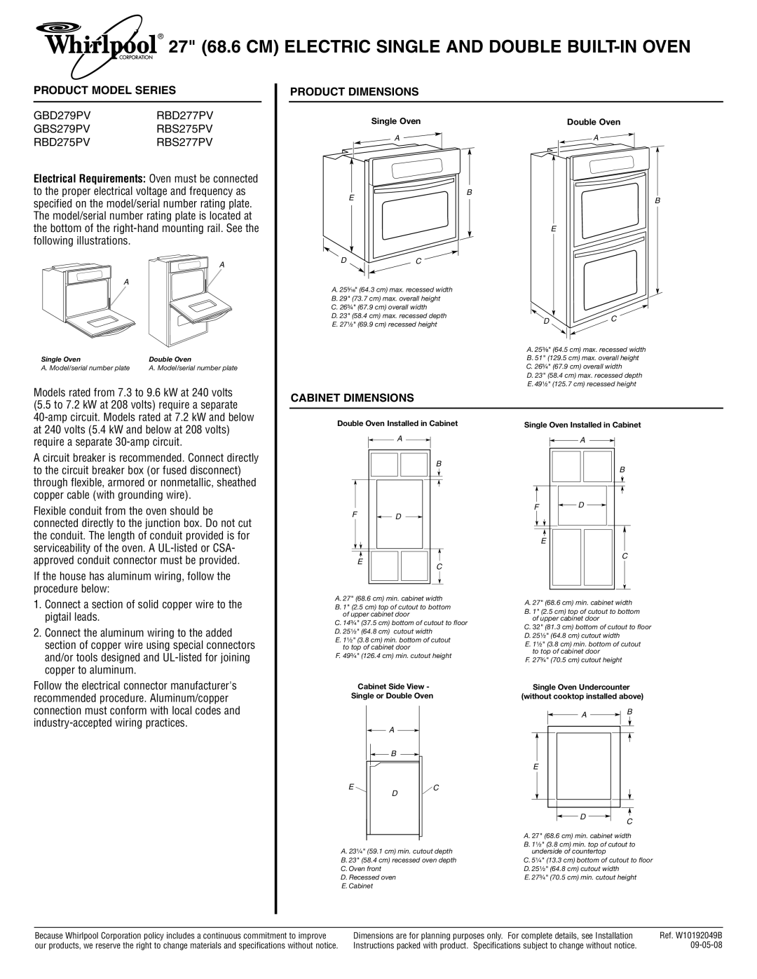 Whirlpool W10192049B dimensions 27 68.6 CM Electric Single and Double BUILT-IN Oven, Cabinet Dimensions 