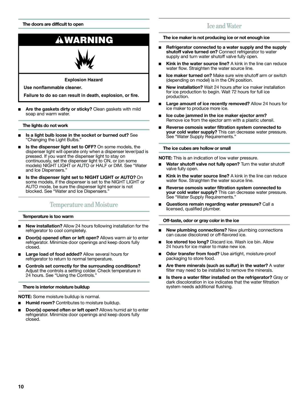 Whirlpool W10193164A installation instructions Temperature and Moisture, Ice and Water, Temperature is too warm 