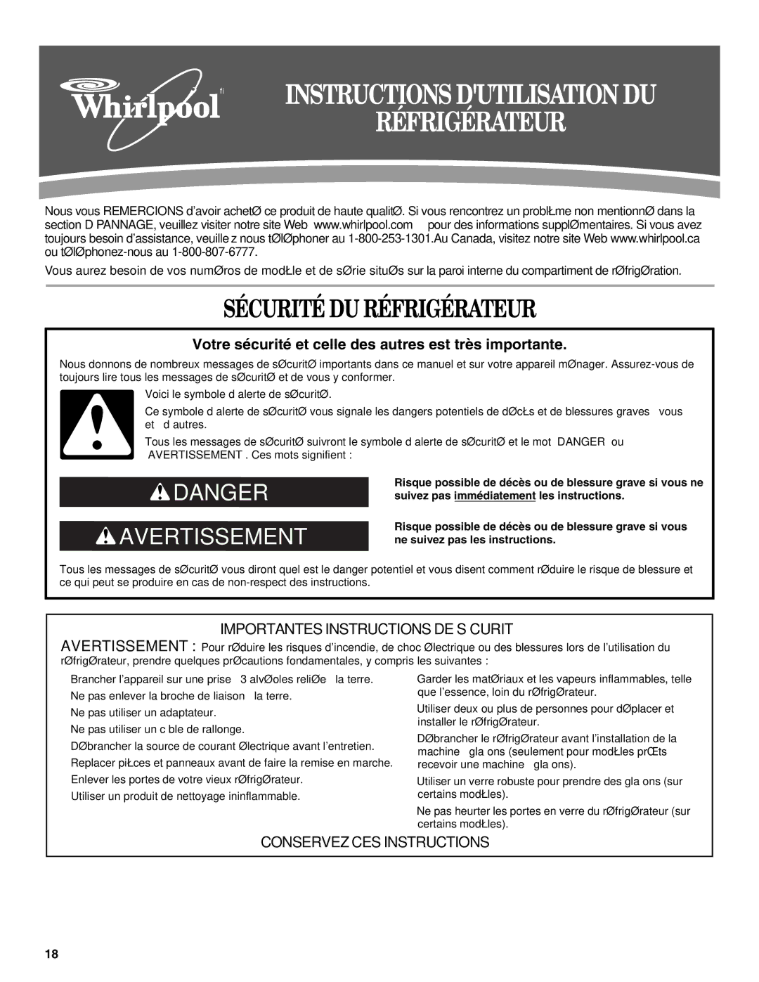 Whirlpool W10193164A installation instructions Sécurité DU Réfrigérateur 