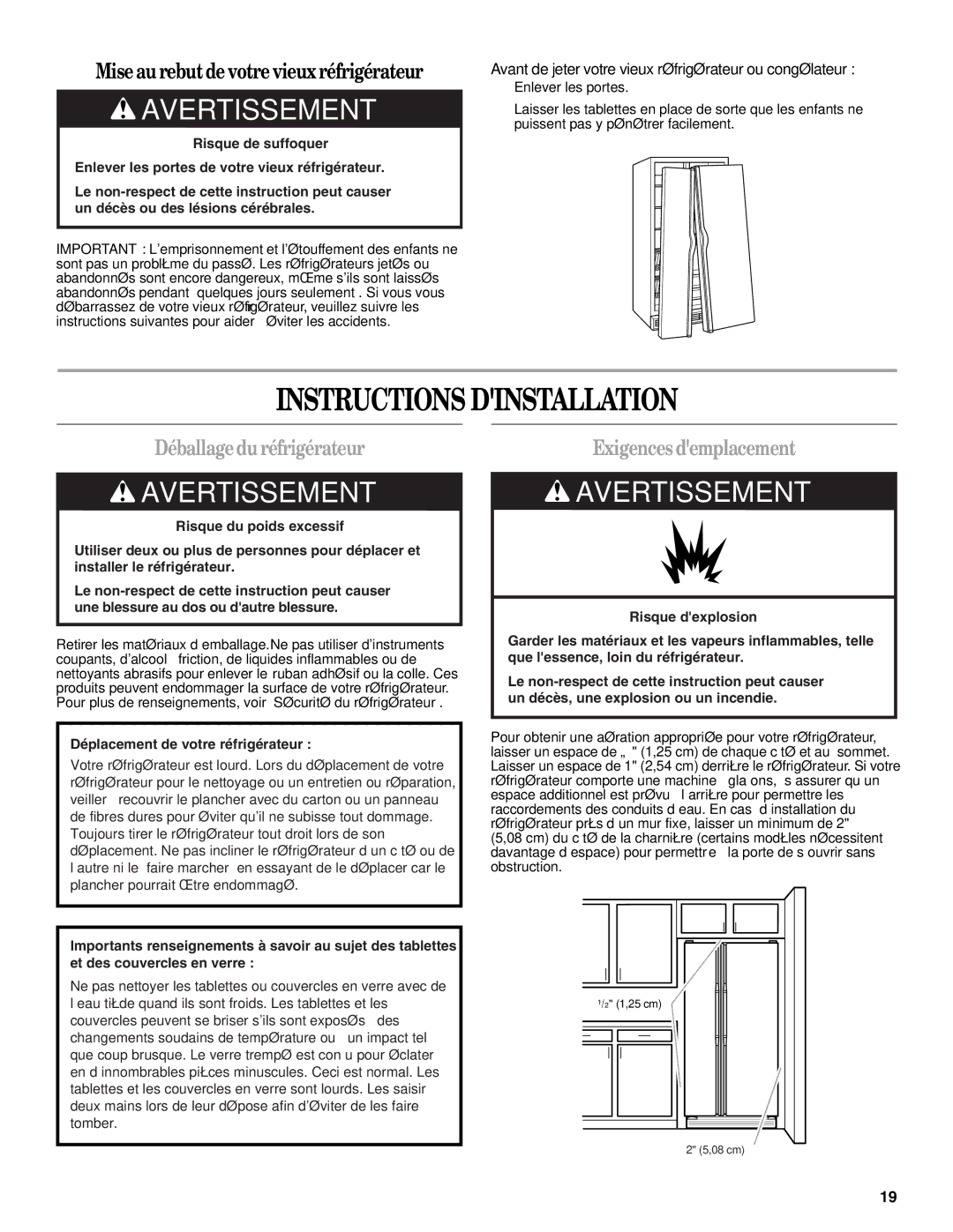 Whirlpool W10193164A Instructions Dinstallation, Déballagedu réfrigérateur, Exigences demplacement 