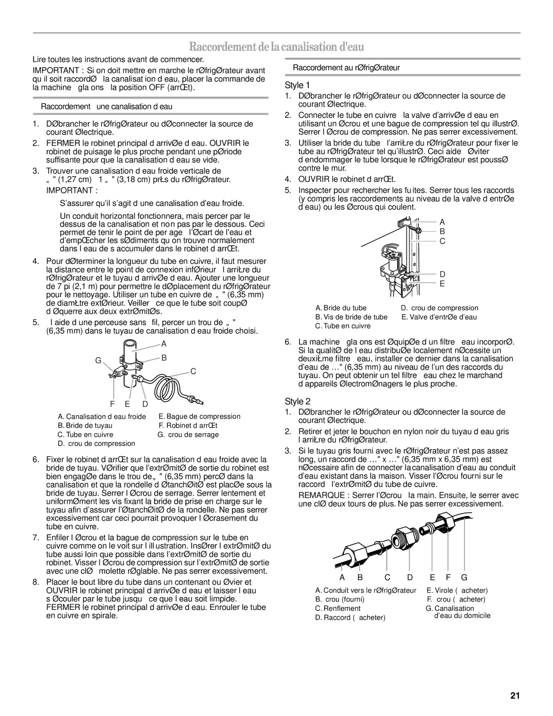 Whirlpool W10193164A installation instructions Raccordement de la canalisation deau, Raccordement à une canalisation d’eau 