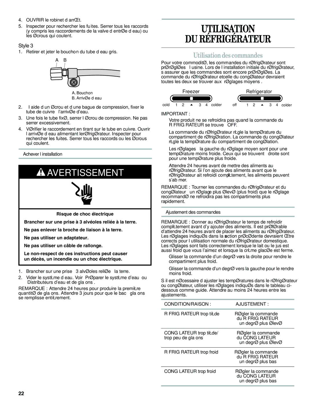 Whirlpool W10193164A Utilisation DU Réfrigérateur, Utilisation des commandes, Achever l’installation 