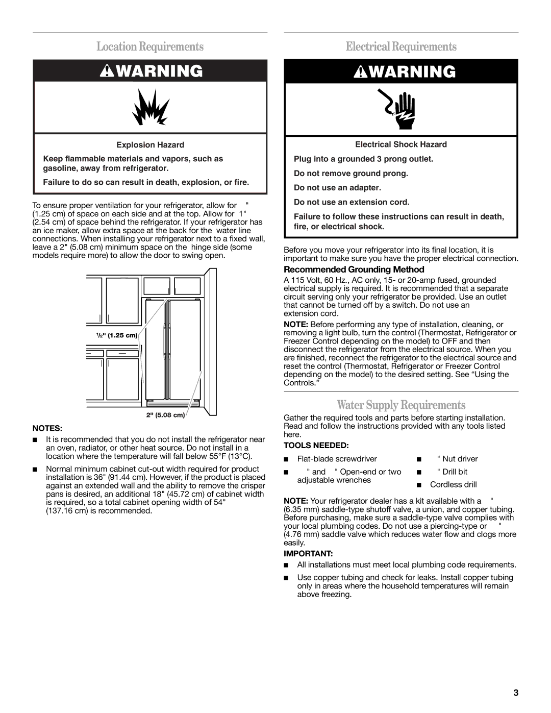 Whirlpool W10193164A LocationRequirements, Electrical Requirements, Water Supply Requirements, Tools Needed 