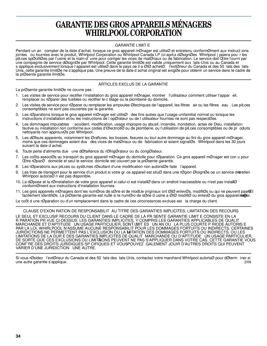 Whirlpool W10193164A installation instructions Garantie DES Gros Appareils Ménagers Whirlpool Corporation, Garantie Limitée 