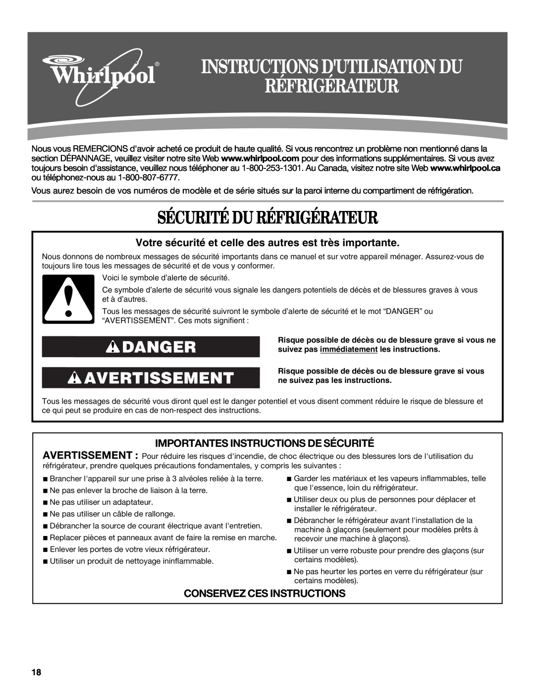 Whirlpool W10193164A Sécurité Du Réfrigérateur, Danger Avertissement, Importantes Instructions De Sécurité 