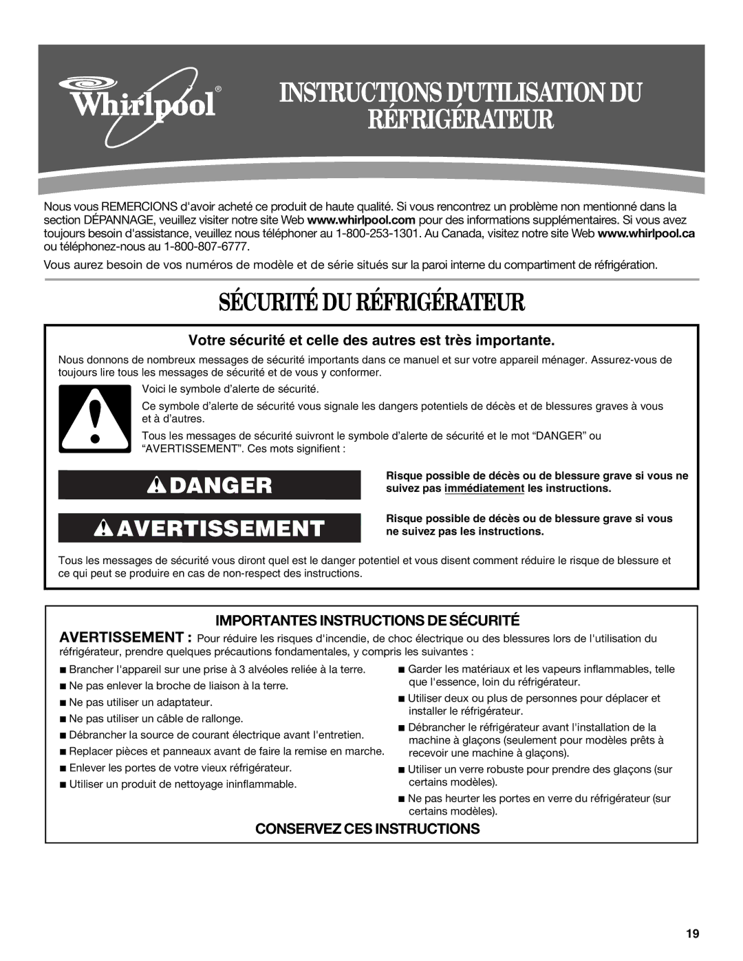 Whirlpool W10193166A installation instructions Sécurité DU Réfrigérateur 