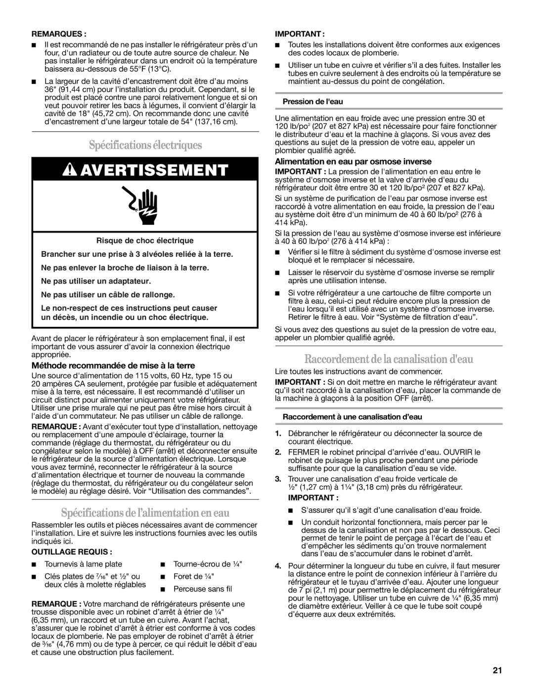 Whirlpool W10193166A installation instructions Spécificationsélectriques, Spécifications de l’alimentationen eau 