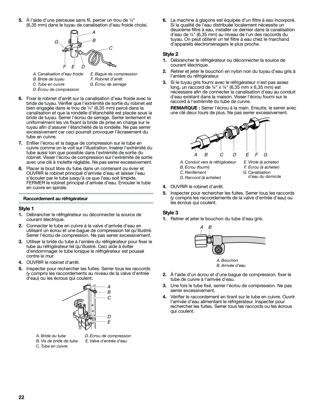 Whirlpool W10193166A installation instructions Style, Raccordement au réfrigérateur 