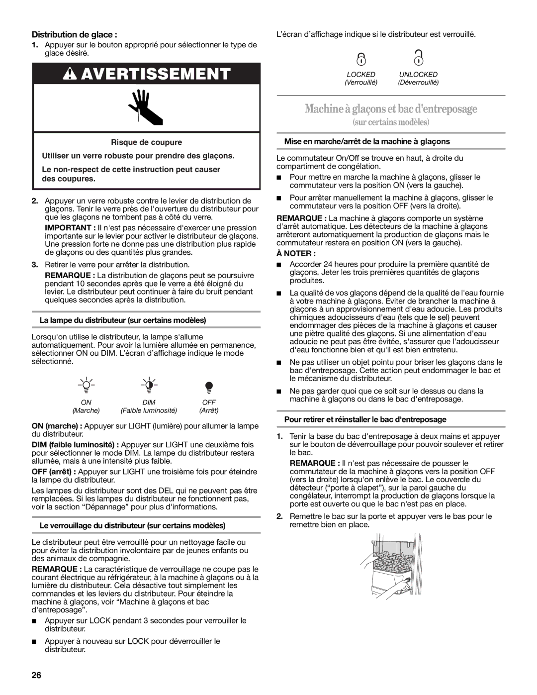 Whirlpool W10193166A installation instructions Machineà glaçons et bac dentreposage, Distribution de glace 