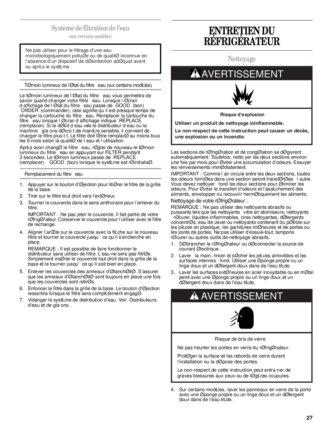 Whirlpool W10193166A Entretien DU Réfrigérateur, Système de filtrationde leau, Nettoyage de votre réfrigérateur 