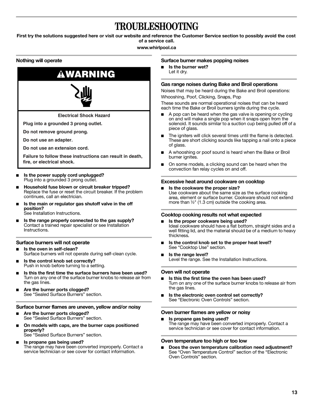 Whirlpool W10196150B warranty Troubleshooting 