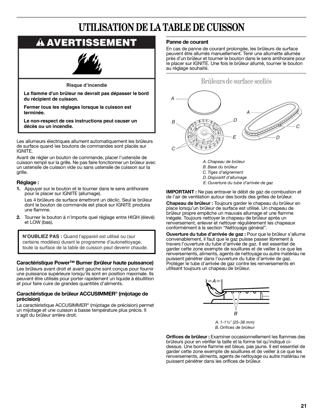 Whirlpool W10196150B warranty Utilisation DE LA Table DE Cuisson, Brûleursdesurfacescellés 