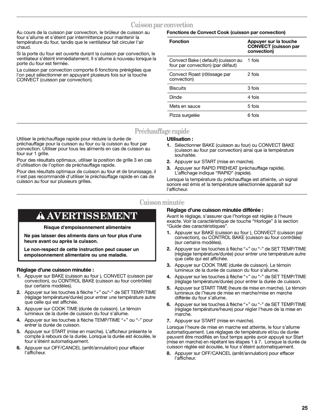 Whirlpool W10196150B warranty Cuisson parconvection, Préchauffagerapide, Cuisson minutée 