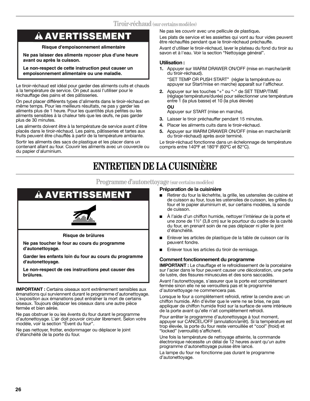 Whirlpool W10196150B Entretien DE LA Cuisinière, Programmed’autonettoyagesurcertainsmodèles, Préparation de la cuisinière 