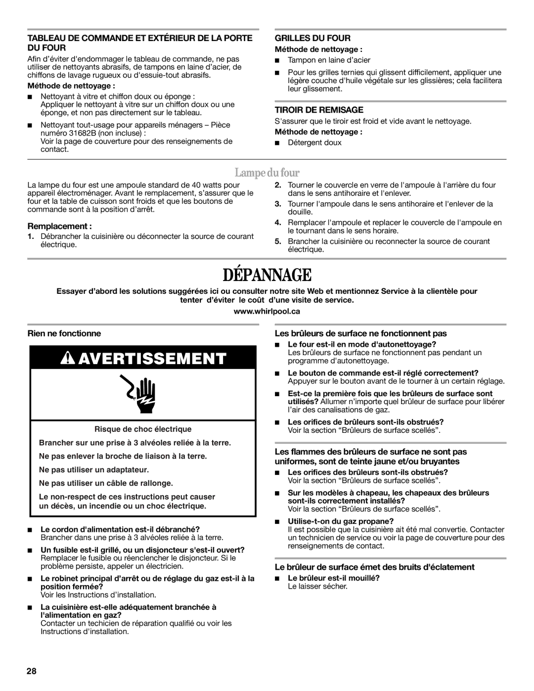 Whirlpool W10196150B warranty Dépannage, Lampedufour 