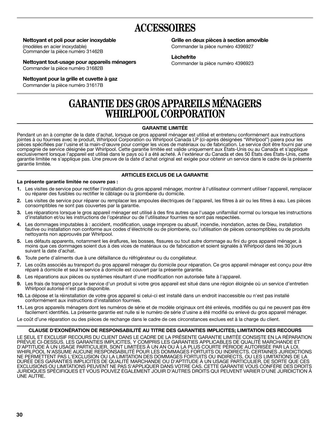 Whirlpool W10196150B warranty Accessoires, Garantie DES Gros Appareils Ménagers Whirlpool Corporation, Lèchefrite 