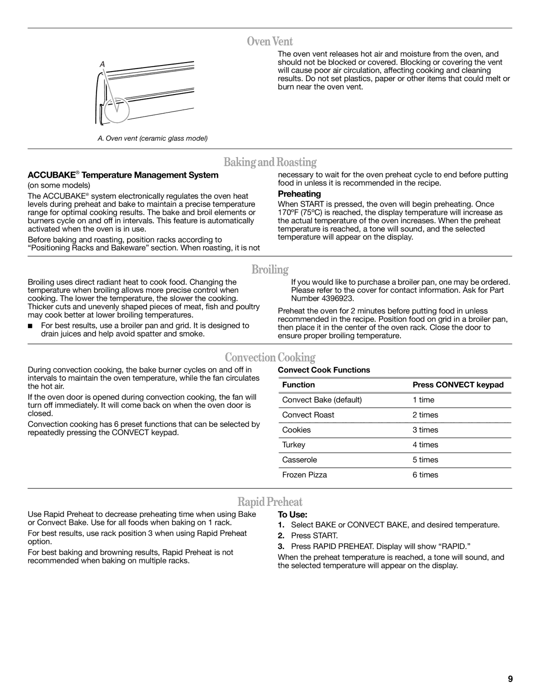 Whirlpool W10196150B warranty OvenVent, BakingandRoasting, Broiling, ConvectionCooking, RapidPreheat 