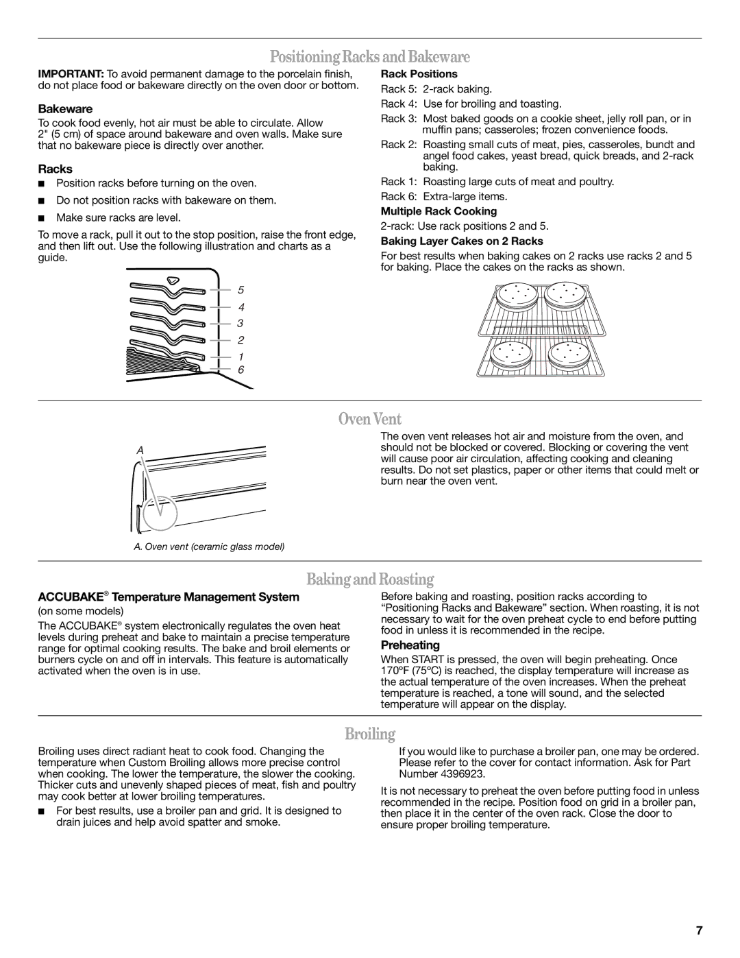 Whirlpool W10196152B warranty Positioning Racks and Bakeware, Oven Vent, Baking and Roasting, Broiling 